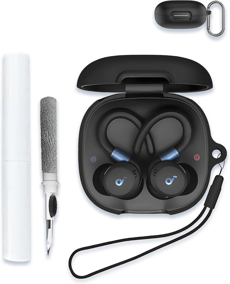 WUNIAK Case for Soundcore by Anker Sport X20 Earbuds, Soft Silicone Protective Portable Scratch Shock Resistant Shell with Cleaner Kit & Carabiner & Lanyard，Black - Image 1