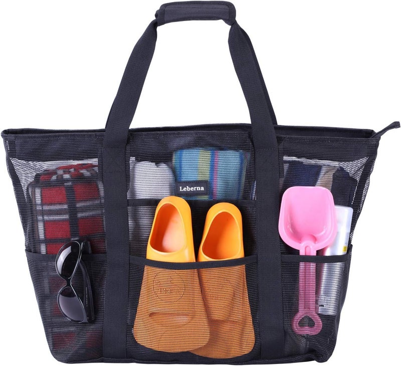 Leberna Large Mesh Beach Bag Tote Bag Grocery Storage Bag for Familiy Beach Swimming Pool Outdoor Sports, Blackb, 16.5"*8.3"*15" - Image 1