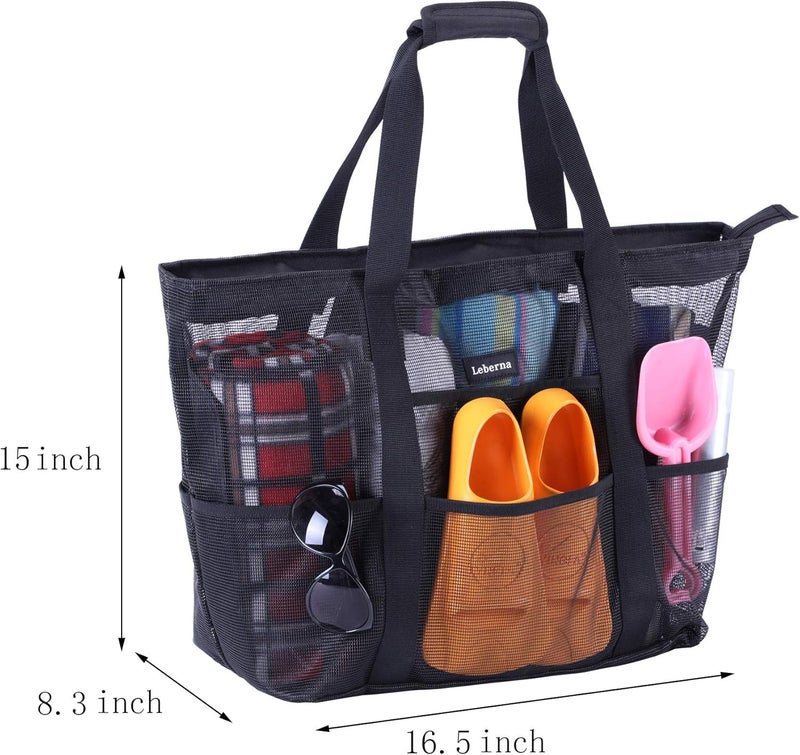 Leberna Large Mesh Beach Bag Tote Bag Grocery Storage Bag for Familiy Beach Swimming Pool Outdoor Sports, Blackb, 16.5"*8.3"*15" - Image 2