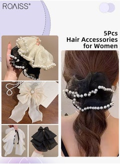 roaiss 5Pcs Hair Accessories for Women Girls, Yarn Pearl Hair Scrunchies and Chiffon Large Bow Ponytail Grip Clips and Lace Bow Hair Clip, Multicolour Hair Accessories Set  - Image 1