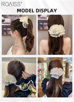 roaiss 5Pcs Hair Accessories for Women Girls, Yarn Pearl Hair Scrunchies and Chiffon Large Bow Ponytail Grip Clips and Lace Bow Hair Clip, Multicolour Hair Accessories Set  - Image 5