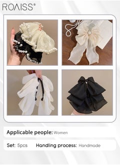 roaiss 5Pcs Hair Accessories for Women Girls, Yarn Pearl Hair Scrunchies and Chiffon Large Bow Ponytail Grip Clips and Lace Bow Hair Clip, Multicolour Hair Accessories Set  - Image 3