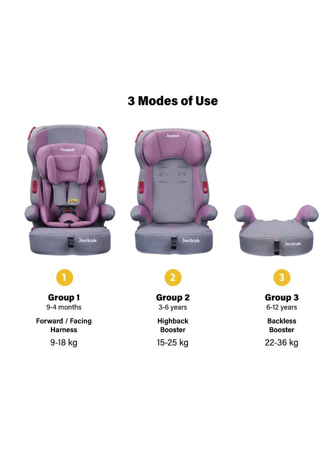 جوفيكيدز Jovikids Tammy Car Seat With 3 Point Seat Belt (Group 1/2/3, 9M-12Y), Covertable Highback Booster Seat for Kids, Adjustable Headrest and Width, Convenient for Everyday Use and Travel, ECE R44, Pink - Image 2