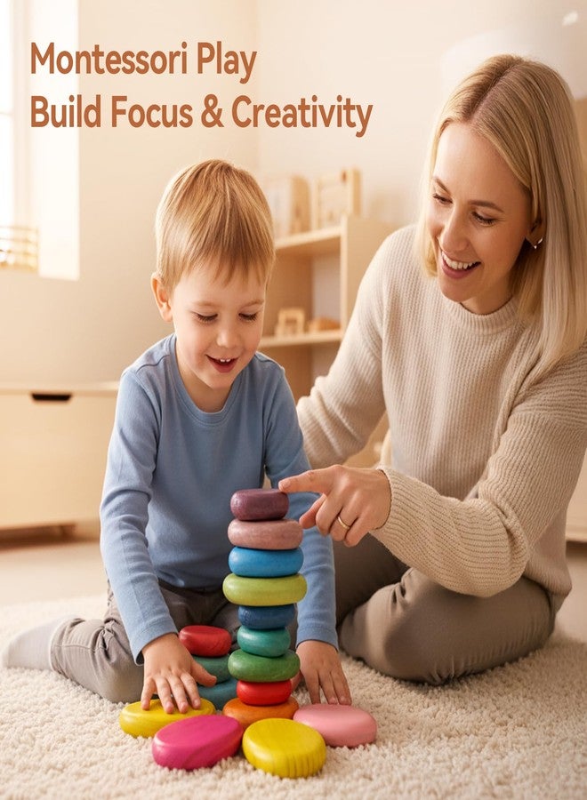 OESSUF Extra-Large Stacking Rocks for Toddlers 1-3, 16 PCS Wooden Montessori Toys, Safe Smooth Jumbo Balancing Stones for Open-Ended Sensory Play, STEM Building Blocks for Boys & Girls - Image 4