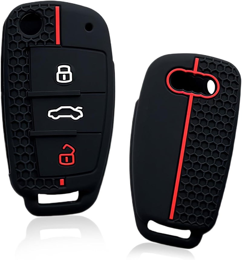 tinshow Car Key Fob Cover for Audi Models - Black and Red Silicone Protection Case - Image 1