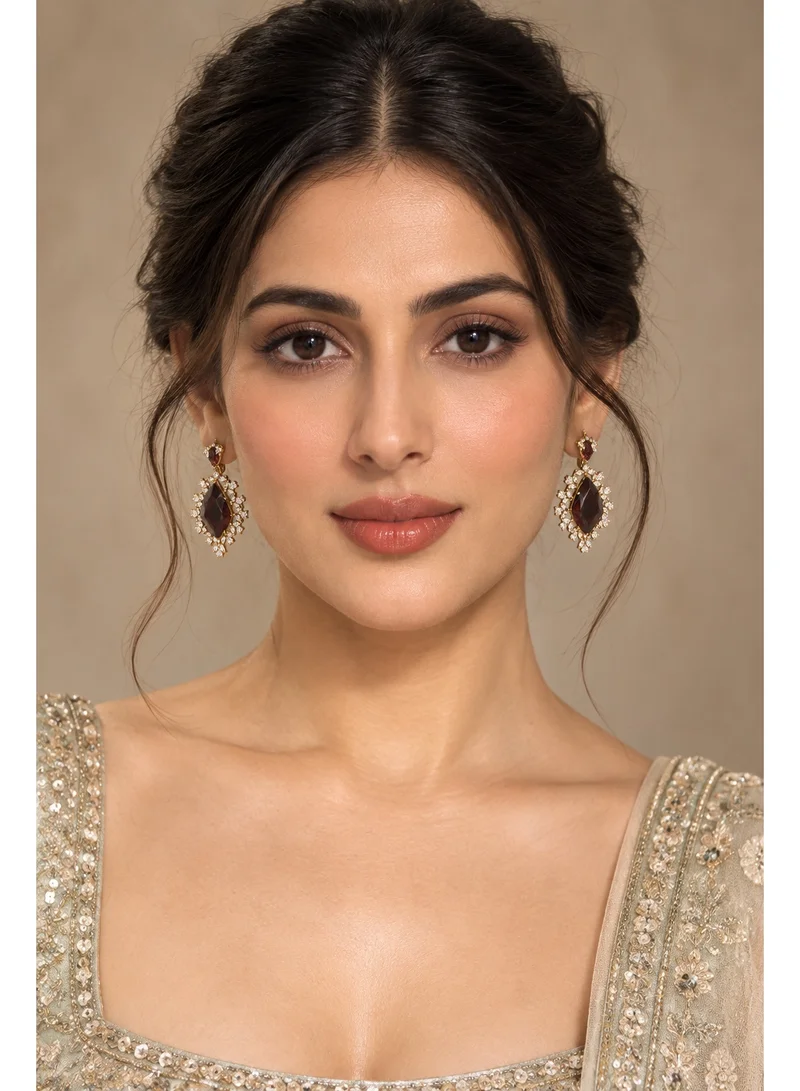Lehar Indian Gold-Plated Stone Studded Statement Drop Earrings – Maroon Wine Red Color Hexagon Stone with Sunburst Halo, Wedding & Party Jewelry for Women