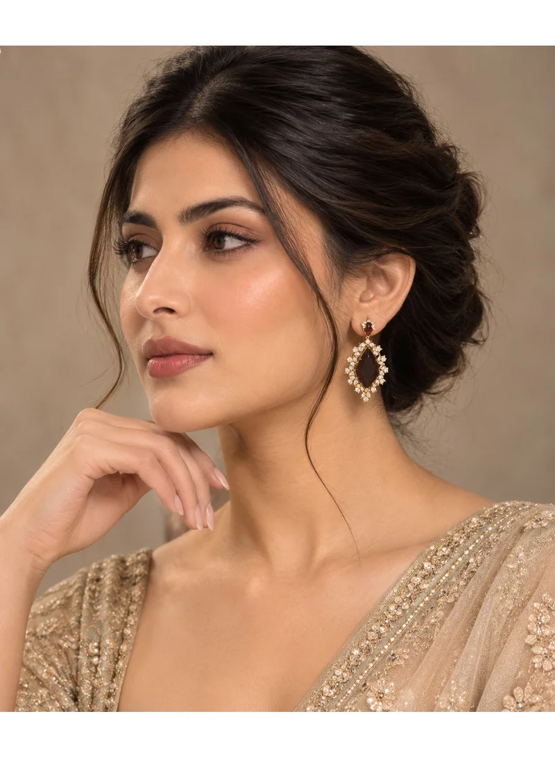 Lehar Indian Gold-Plated Stone Studded Statement Drop Earrings – Maroon Wine Red Color Hexagon Stone with Sunburst Halo, Wedding & Party Jewelry for Women