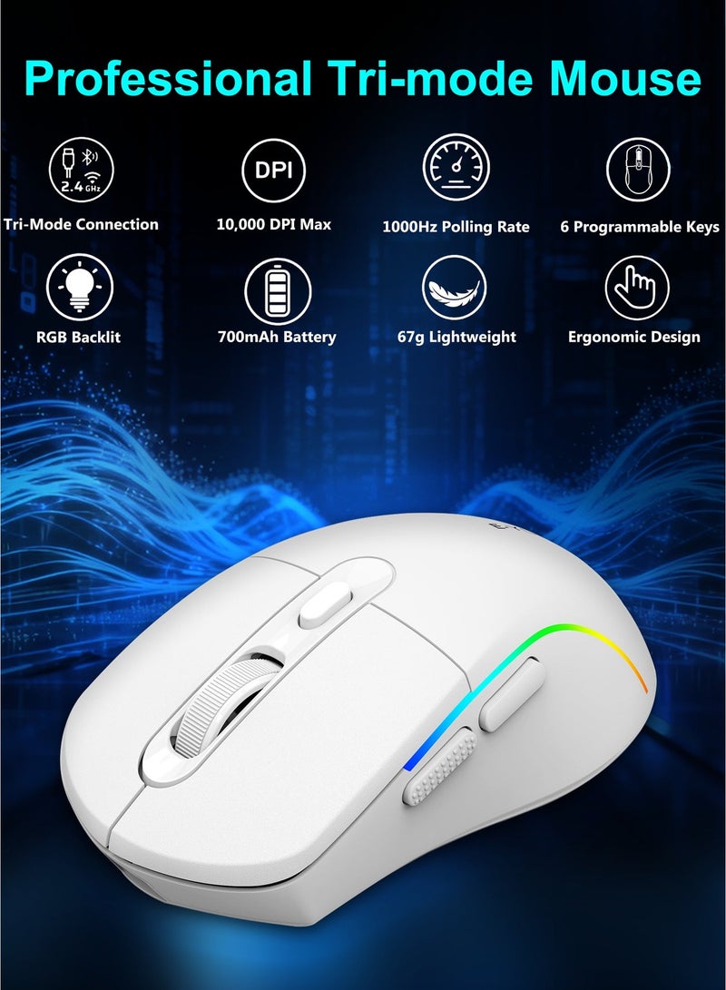 إي-يوسو فأرة X-53 لاسلكية ثلاثية الأوضاع (2.4G / بلوتوث 5.1 / سلكية) قابلة للبرمجة بدقة 10000 DPI، بإضاءة RGB للألعاب والعمل، متوافقة مع أجهزة Windows وMac – أبيض - Image 2