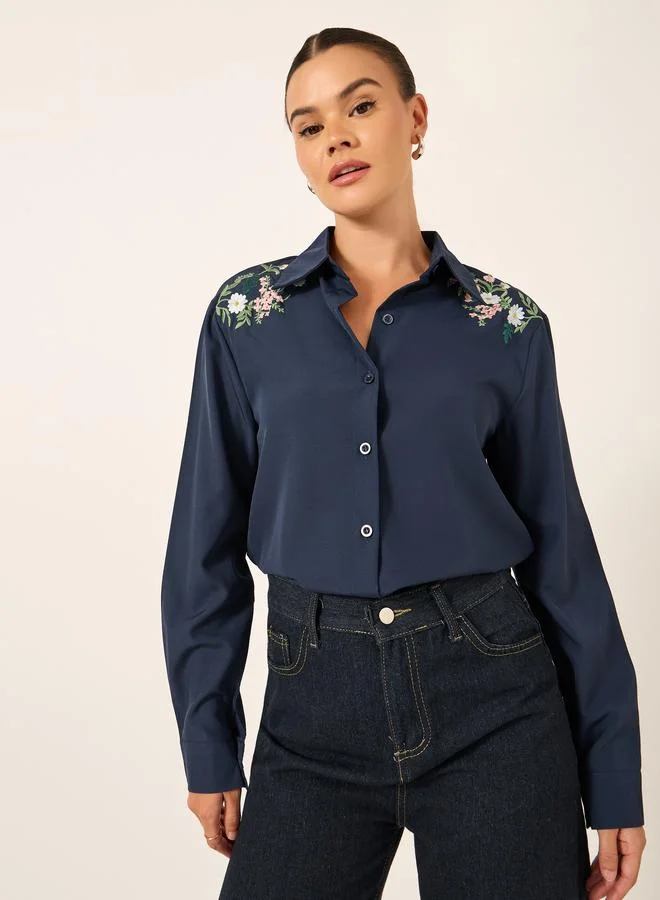 Take Two Take Two Floral Embroidered Button Front Long Sleeve Shirt