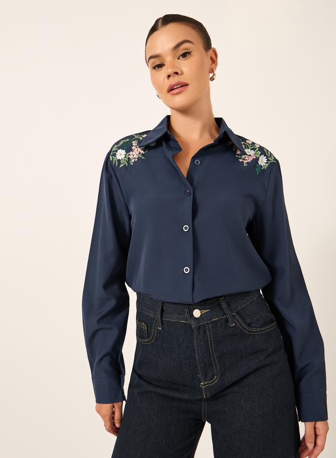Take Two Floral Embroidered Button Front Long Sleeve Shirt - Image 1