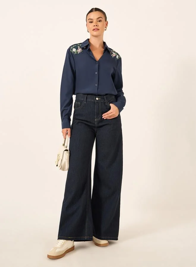 تايك تو قميص بأزرار مطرز بالزهور بأكمام طويلة