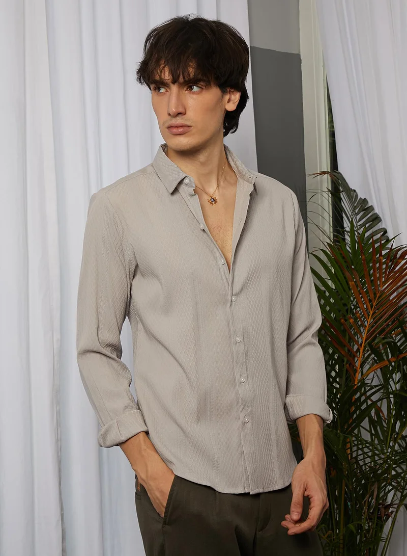Campus Sutra Men's Ecru Beige Vertical Tactile Shirt