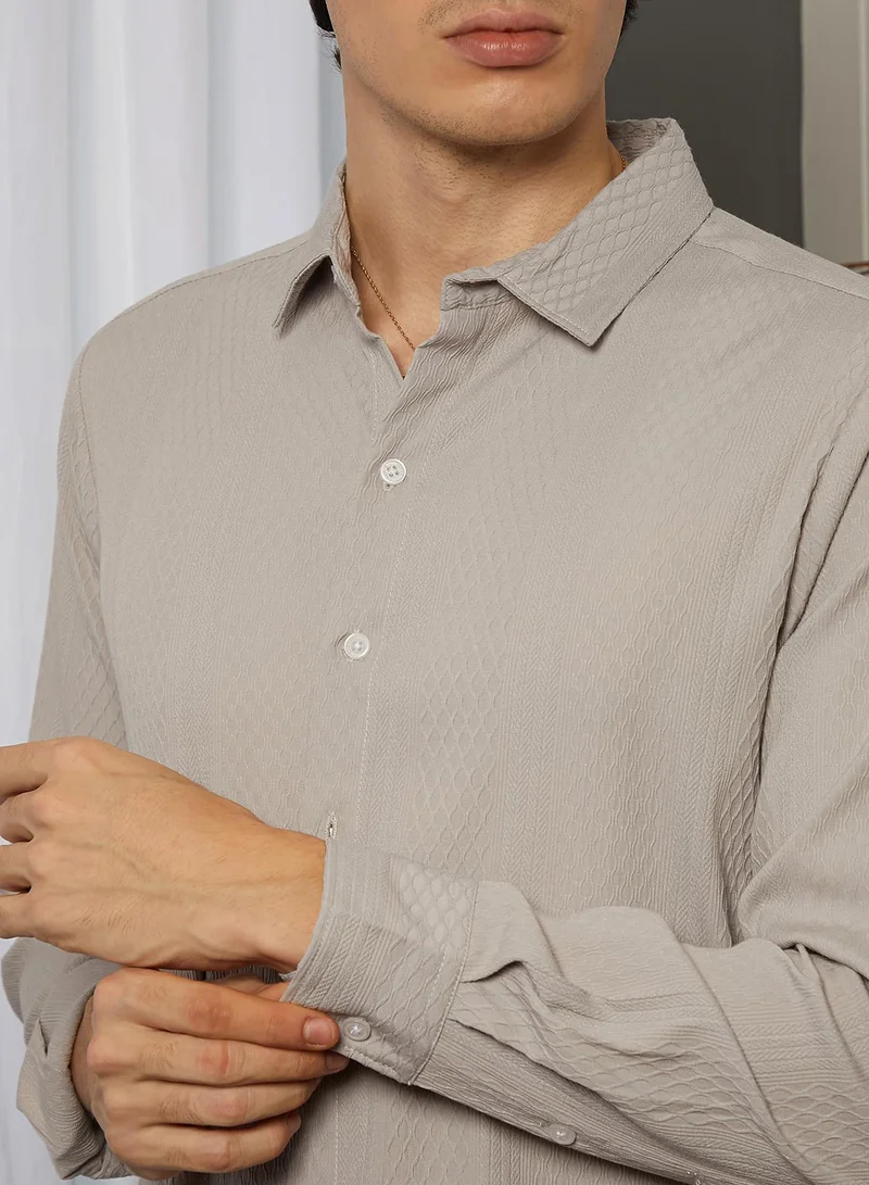 Campus Sutra Men's Ecru Beige Vertical Tactile Shirt