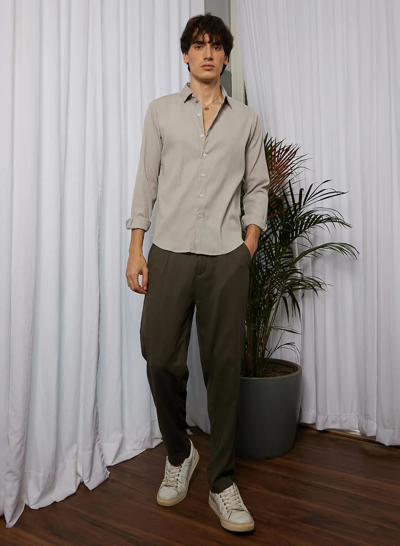 Campus Sutra Men's Ecru Beige Vertical Tactile Shirt