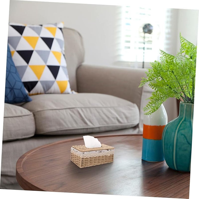 غطاء صندوق المناديل المنسوج يدويًا بلون البيج لتخزين المناديل الورقية الزخرفية للمنزل وغرفة المعيشة - Image 5