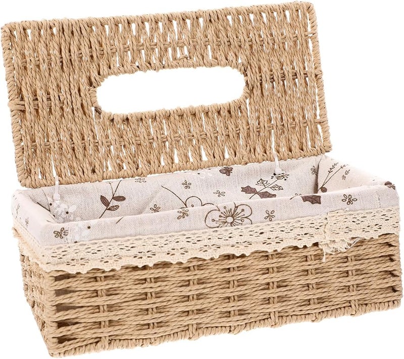 غطاء صندوق المناديل المنسوج يدويًا بلون البيج لتخزين المناديل الورقية الزخرفية للمنزل وغرفة المعيشة - Image 1