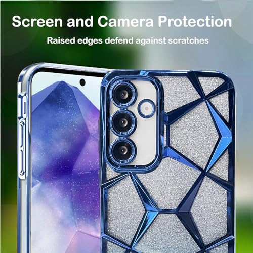 VONZEE Gradient Glitter Clear Case for Samsung S25, Luxury Electroplated 3D Cube, Diamond Bling Shiny Soft TPU Clear Shockproof Women Girls Protective Phone Cover (Blue) - Image 5