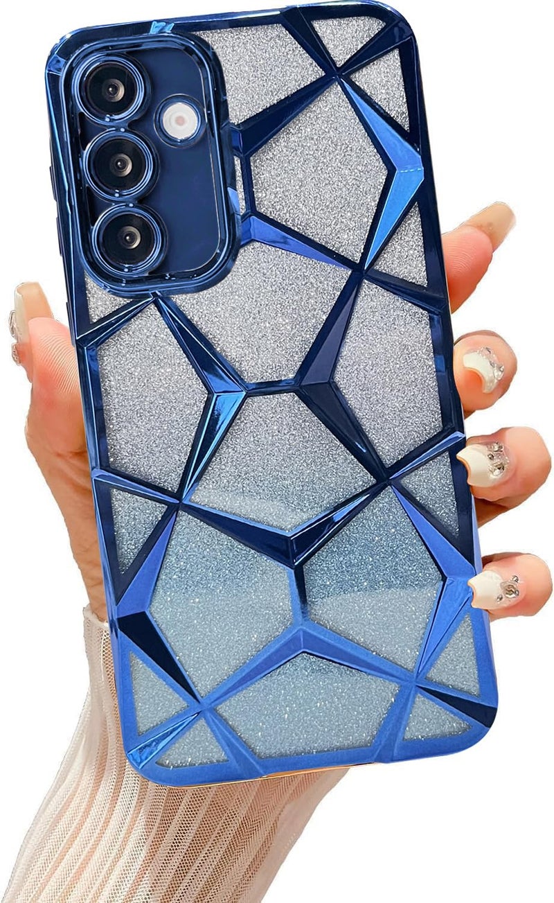 VONZEE Gradient Glitter Clear Case for Samsung S25, Luxury Electroplated 3D Cube, Diamond Bling Shiny Soft TPU Clear Shockproof Women Girls Protective Phone Cover (Blue) - Image 1