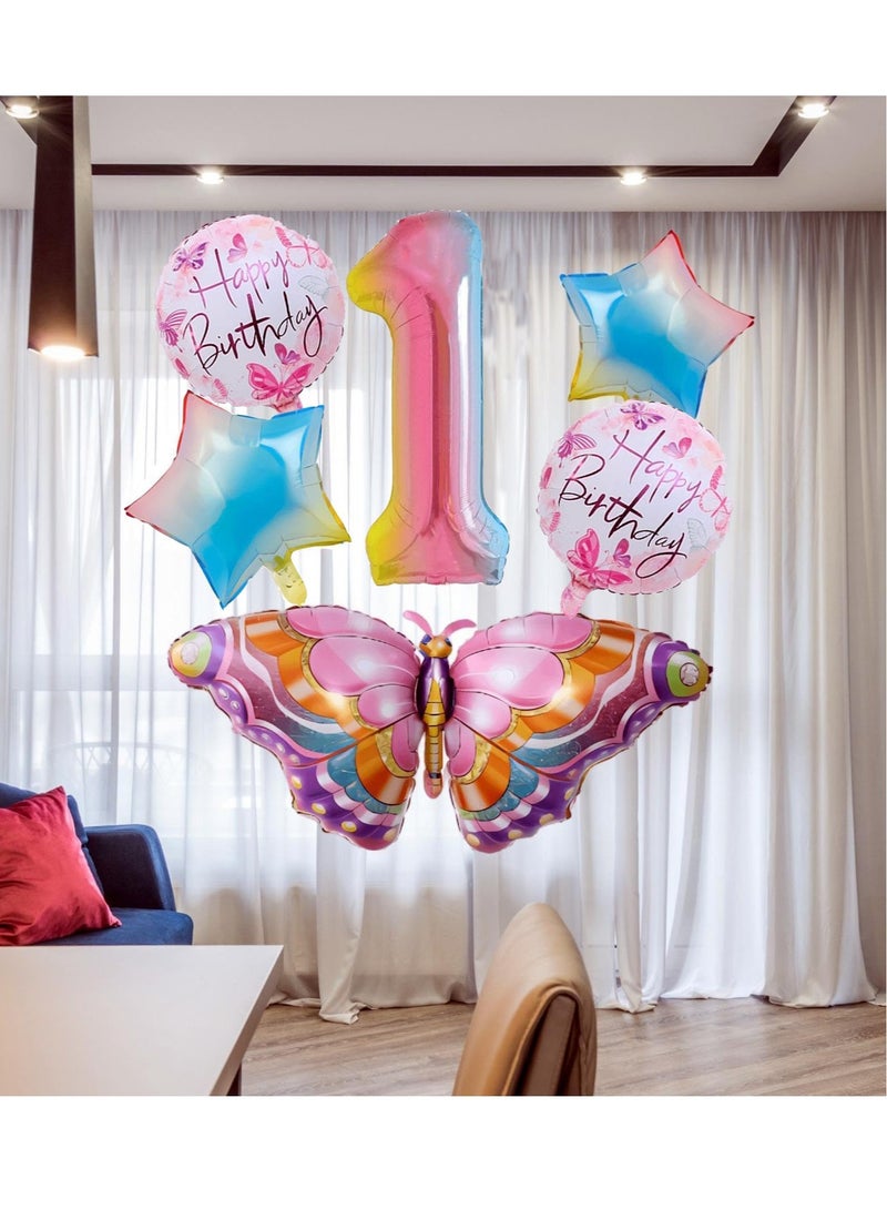 Excefore Butterfly Balloon, 6 Pcs Huge Colorful Butterfly Balloons, Number 1 Foil Mylar Balloon Kids Fairy Baby Shower Favor Butterfly Flower Theme Party Supplies Decor - Image 2