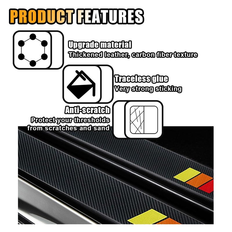 KITUREK 4PCS Tri-Color Door Sill Protectors, Carbon Fiber Door Threshold Protection, Front/Rear Door Sill Plate Step Guard, Anti-Scratch Entry Guard Sticker for Cars SUVs Trucks (Red) - Image 3