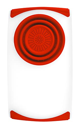 Dexas Over the Sink Poly Cutting Board with Collapsible Colander Strainer, 11.5 x 20",Natural/Red - Image 5