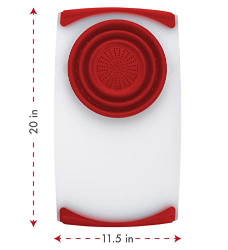 Dexas Over the Sink Poly Cutting Board with Collapsible Colander Strainer, 11.5 x 20",Natural/Red - Image 3