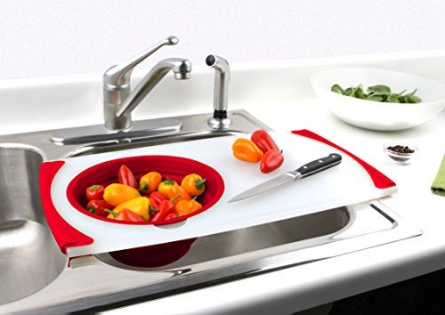 Dexas Over the Sink Poly Cutting Board with Collapsible Colander Strainer, 11.5 x 20",Natural/Red - Image 2