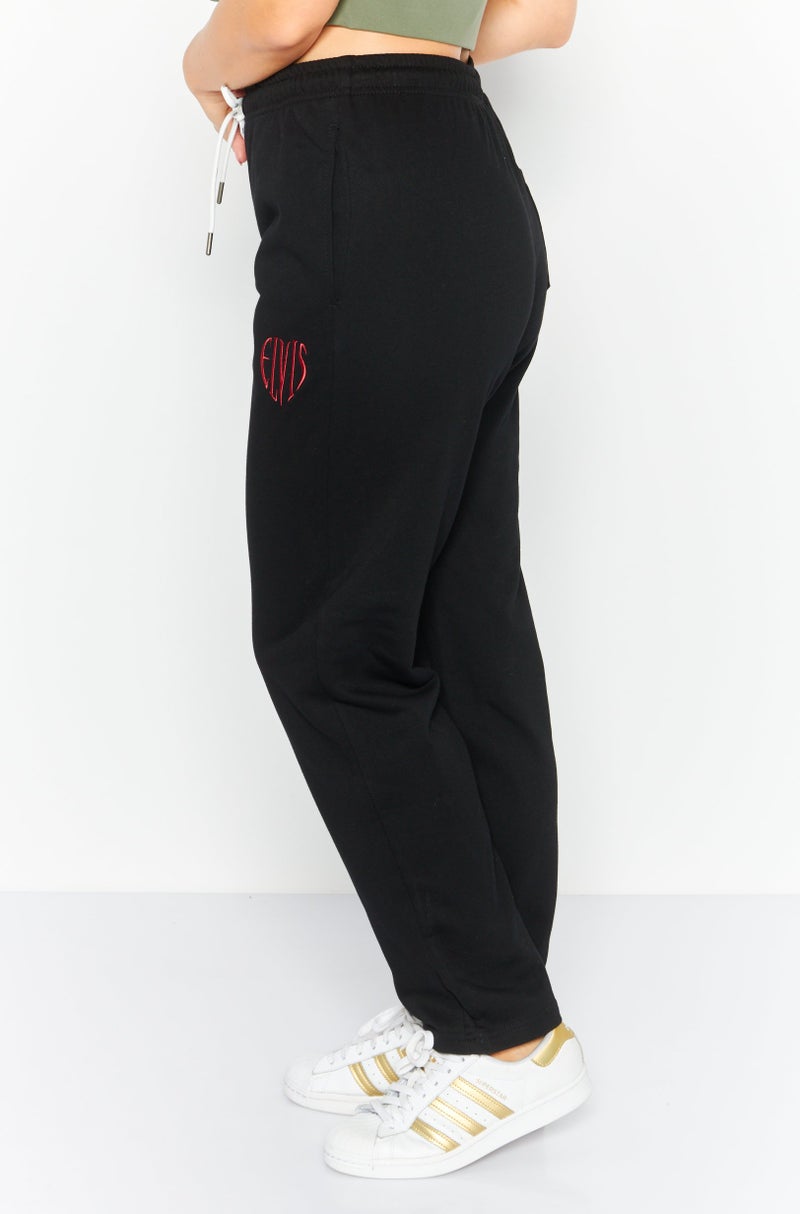 ELVIS سروال جوجر للنساء بتصميم عادي مع شعار مطرز، أسود - Image 4