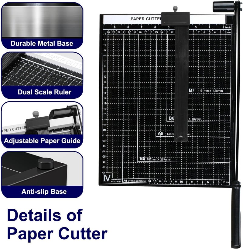 gluckluz Paper Cutter A4 Paper Trimmer Heavy Duty Photo Cutting Slicer Portable Trimming Machine Guillotine with 12 Sheet Capacity & 30cm Cut Length & Side Ruler for School Office Home Craft (Black) - Image 3