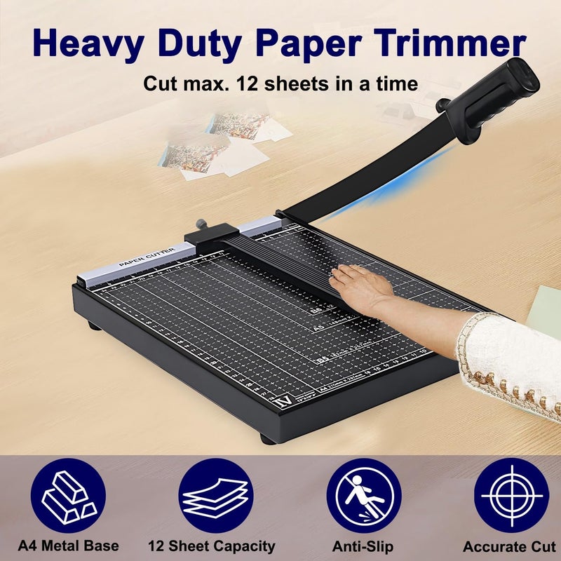 gluckluz Paper Cutter A4 Paper Trimmer Heavy Duty Photo Cutting Slicer Portable Trimming Machine Guillotine with 12 Sheet Capacity & 30cm Cut Length & Side Ruler for School Office Home Craft (Black) - Image 2