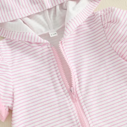 Licupiee Girls Striped Swim Cover Up Beachwear Short Sleeve Zip Up Hooded Terry Swim Coverups One Piece Swimsuits Swimwear (Pink, 5-6 Years) - Image 4