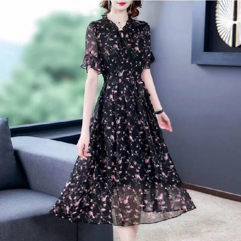 Chiffon Shirt Womens Long Sleeve 2024 Spring New Arrival Floral dress Womens plus size chubby girl Age-reducing Base Long Skirt Black [short sleeves]