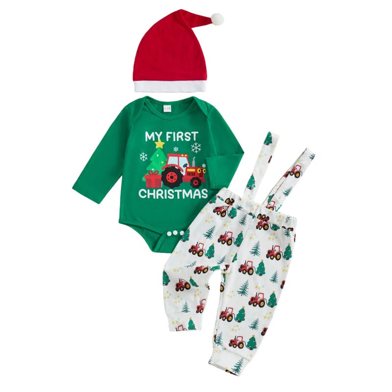 Children''s Clothing Drop Shipping Autum Christmas Christmas Printed Long-Sleeved Robe Suspenders Pants + Hat Three-Piece Set - Image 1