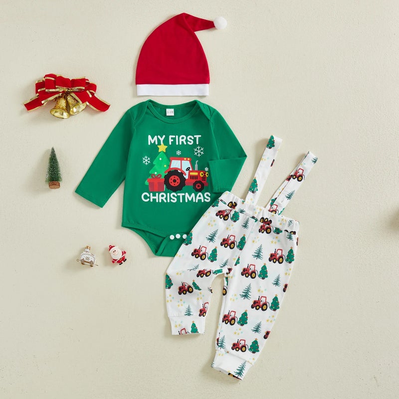 Children''s Clothing Drop Shipping Autum Christmas Christmas Printed Long-Sleeved Robe Suspenders Pants + Hat Three-Piece Set - Image 4