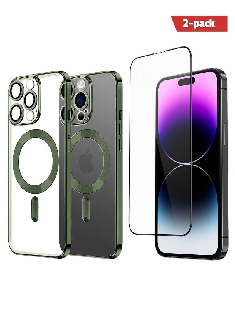 CATANES - 2Pack for iPhone 14 Pro Magsafe Case and Screen Protector Clear Electroplating Frame Wireless Charging Cover with Tempered Glass Olive Green/Clear - Image 1