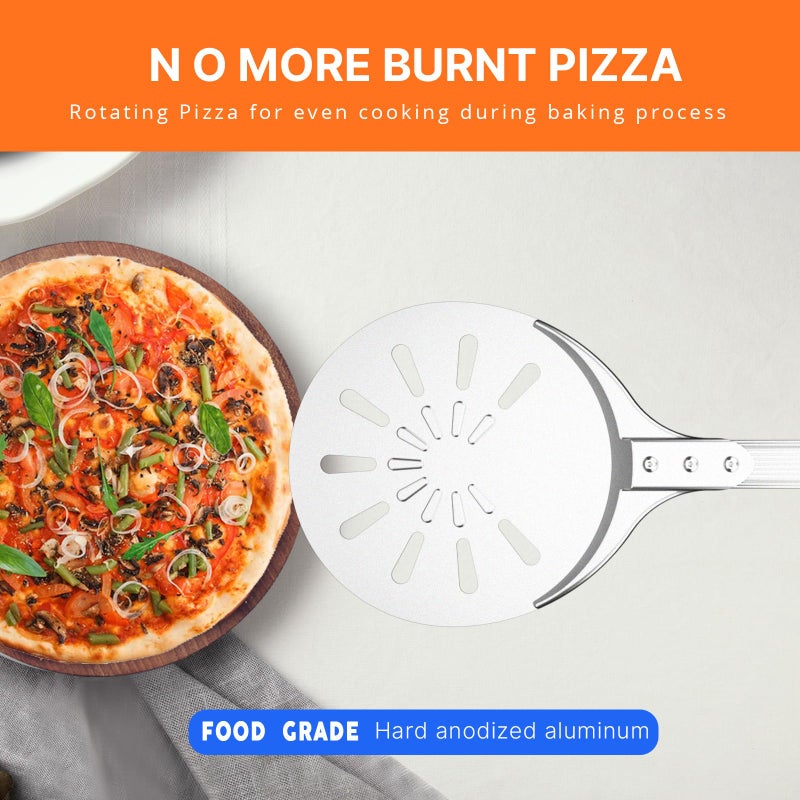 Honsdom Pizza Turning Peel, 8-inch Pizza Peel Turner Spinner, Long Handle Perforated Aluminum Pizza Peel with Silicone Hook, Pizza Oven Accessories - Image 2
