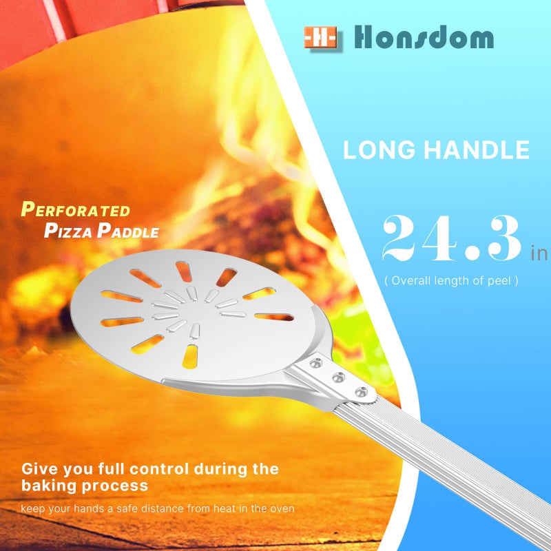 Honsdom Pizza Turning Peel, 8-inch Pizza Peel Turner Spinner, Long Handle Perforated Aluminum Pizza Peel with Silicone Hook, Pizza Oven Accessories - Image 4