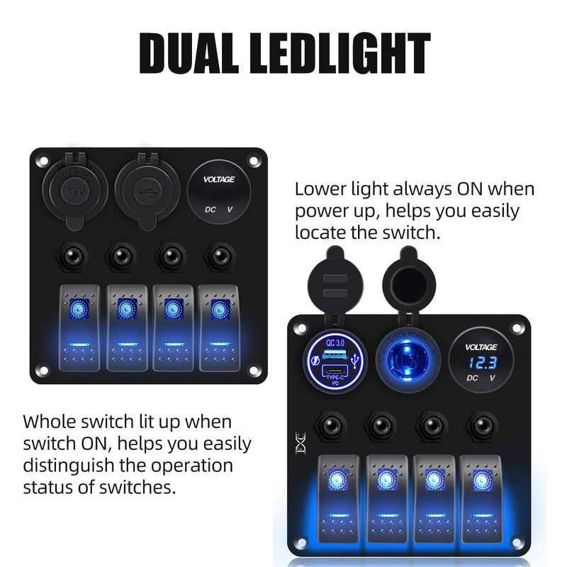 FXC Waterproof Marine Boat Blue Rocker Switch Panel 4 Gang with QC3.0 USB & Type-C Slot Socket + Cigarette Lighter +LED Voltmeter with Overload Protection Circuit Breaker for Car Rv Vehicles Truck - Image 3