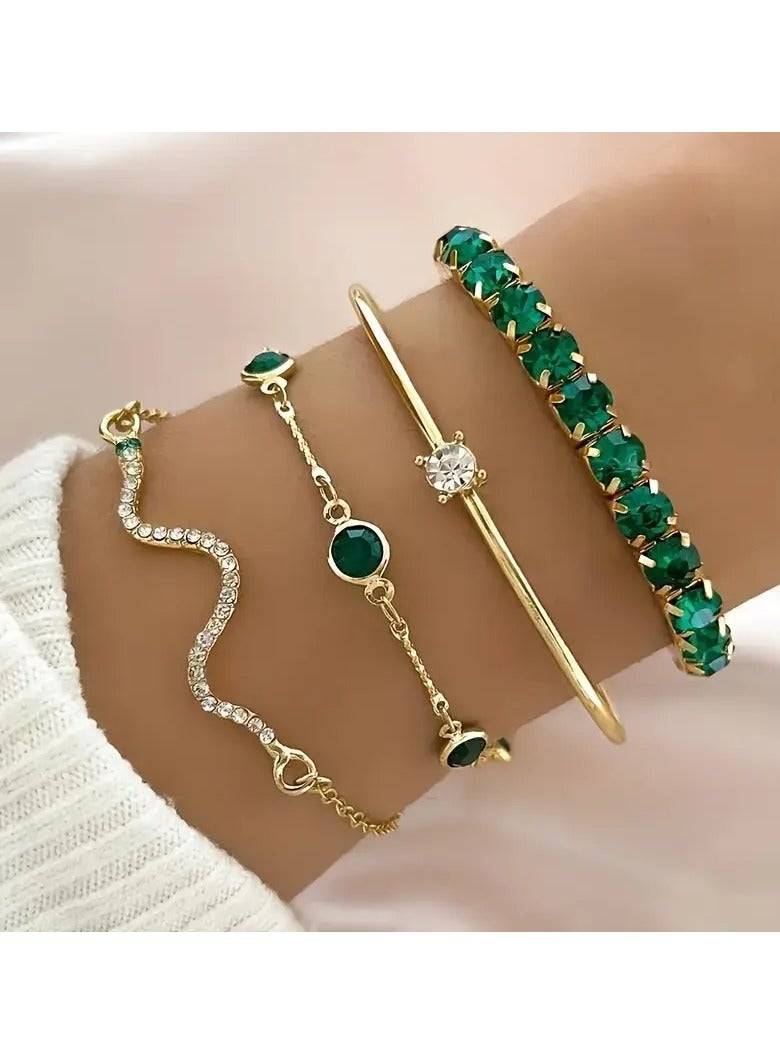 Goolsky 4pcs Vintage Elegant Jewelry Set, Zinc Alloy Fashion Stretch Bracelet with Rhinestones, Versatile Snake Chain Design, for Daily and Party Occasions - Image 1