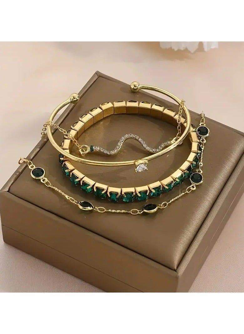 Goolsky 4pcs Vintage Elegant Jewelry Set, Zinc Alloy Fashion Stretch Bracelet with Rhinestones, Versatile Snake Chain Design, for Daily and Party Occasions - Image 3