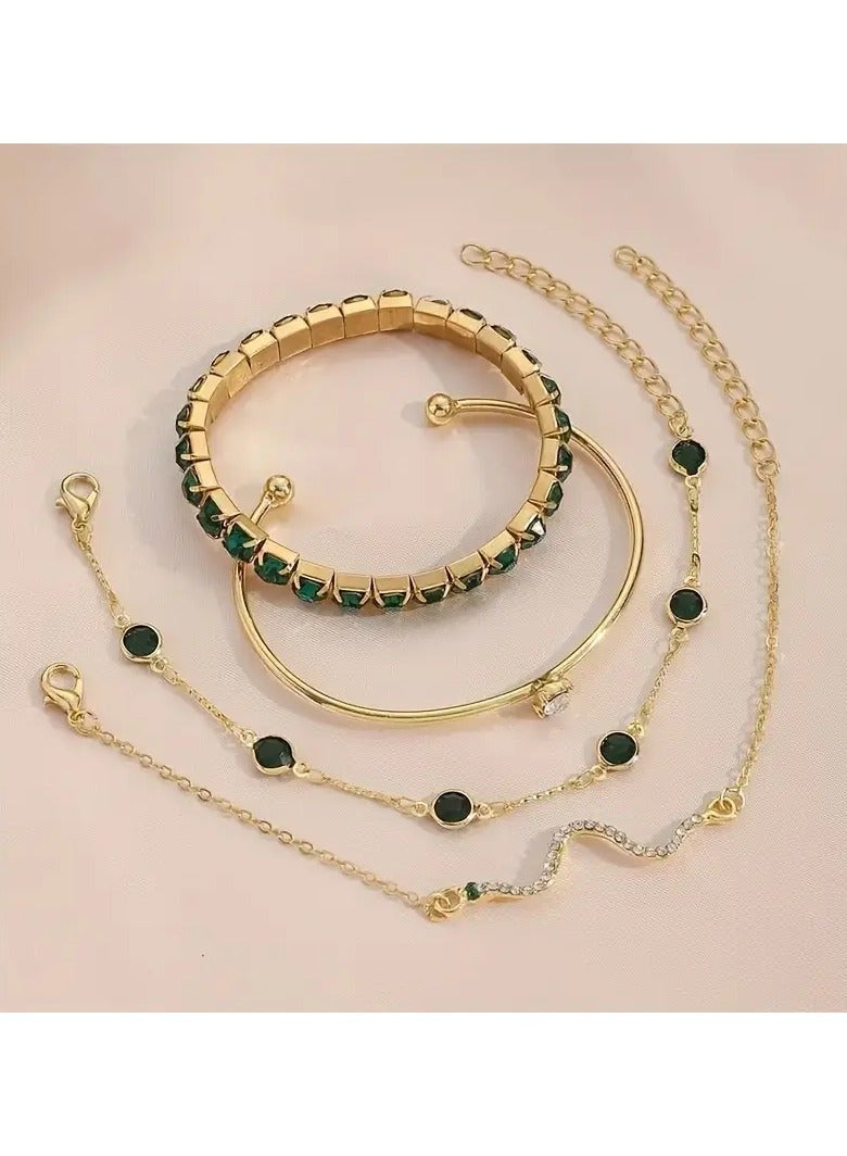 Goolsky 4pcs Vintage Elegant Jewelry Set, Zinc Alloy Fashion Stretch Bracelet with Rhinestones, Versatile Snake Chain Design, for Daily and Party Occasions - Image 4