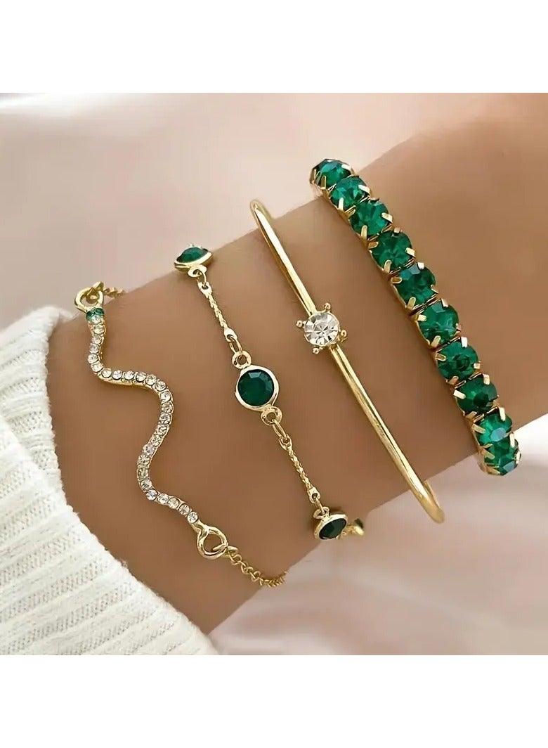 Goolsky 4pcs Vintage Elegant Jewelry Set, Zinc Alloy Fashion Stretch Bracelet with Rhinestones, Versatile Snake Chain Design, for Daily and Party Occasions - Image 5