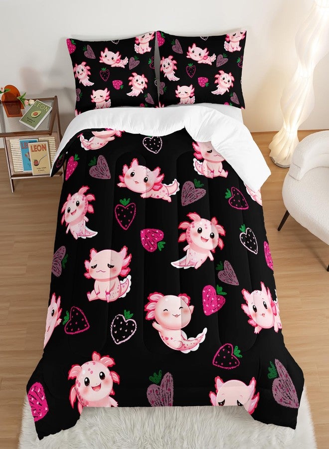 UEVBF Cute Axolotl Bedding Set Twin Size,Pink Axolotl Strawberry Printed Comforter Sets Aesthetic Bedding for Kids Girls,Beach Coastal Animal Themed Comforter Sets with 2 Pillowcases. - Image 3