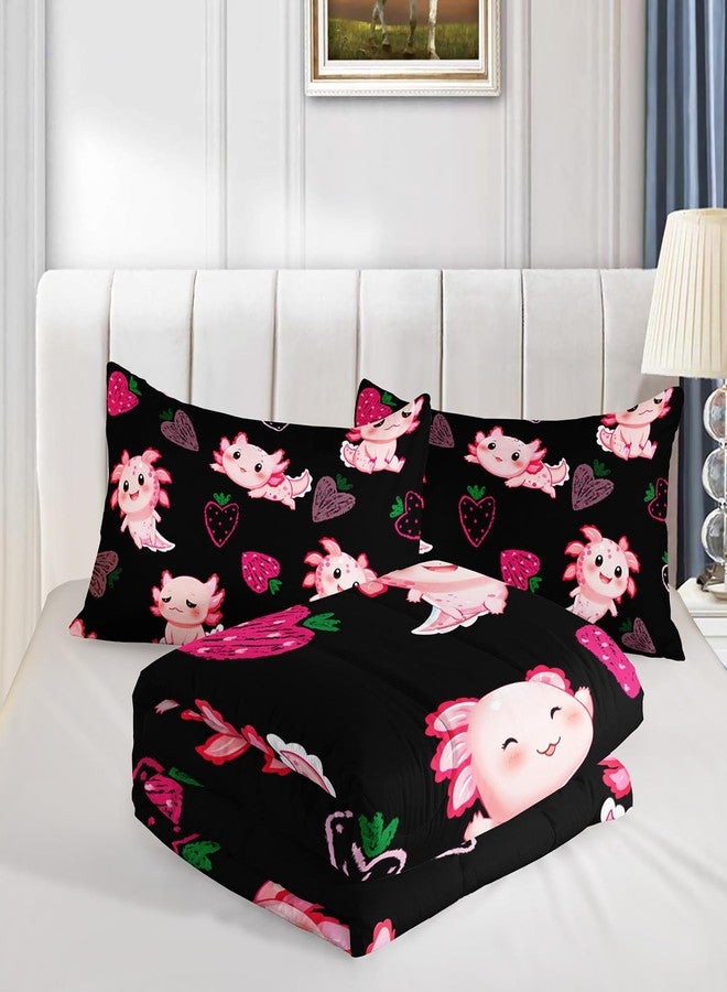 UEVBF Cute Axolotl Bedding Set Twin Size,Pink Axolotl Strawberry Printed Comforter Sets Aesthetic Bedding for Kids Girls,Beach Coastal Animal Themed Comforter Sets with 2 Pillowcases. - Image 4