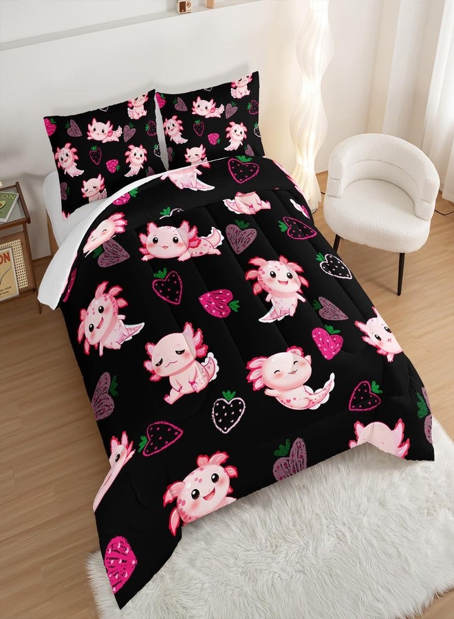 UEVBF Cute Axolotl Bedding Set Twin Size,Pink Axolotl Strawberry Printed Comforter Sets Aesthetic Bedding for Kids Girls,Beach Coastal Animal Themed Comforter Sets with 2 Pillowcases. - Image 2