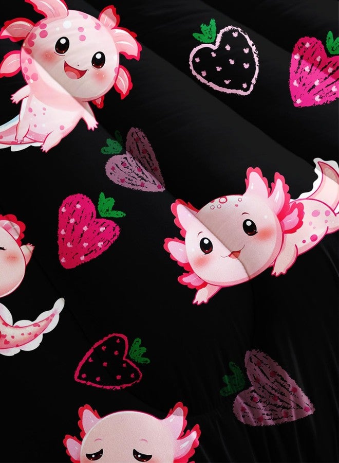 UEVBF Cute Axolotl Bedding Set Twin Size,Pink Axolotl Strawberry Printed Comforter Sets Aesthetic Bedding for Kids Girls,Beach Coastal Animal Themed Comforter Sets with 2 Pillowcases. - Image 5