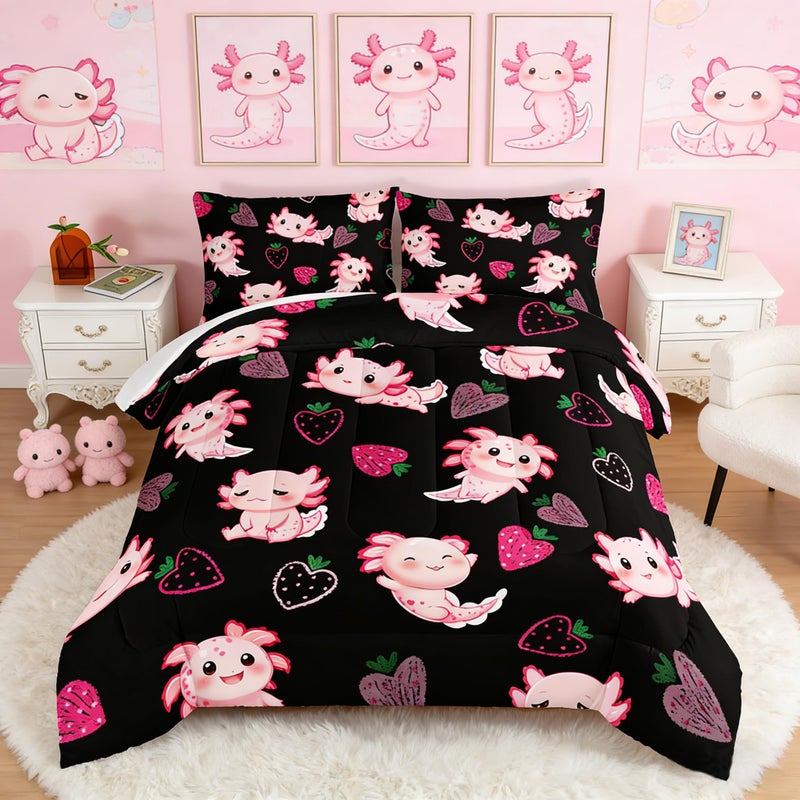 UEVBF Cute Axolotl Bedding Set Twin Size,Pink Axolotl Strawberry Printed Comforter Sets Aesthetic Bedding for Kids Girls,Beach Coastal Animal Themed Comforter Sets with 2 Pillowcases. - Image 1