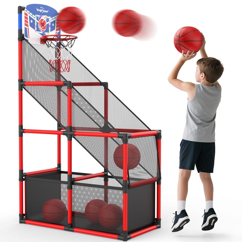 EagleStone Kids Adjustable Arcade Basketball Hoop with LED Lights Scoreboard 4 Balls Ball Storage Net Indoor Outdoor Carnival Basketball Game Set for Boys Girls Ages 312 Pump Included - Image 3