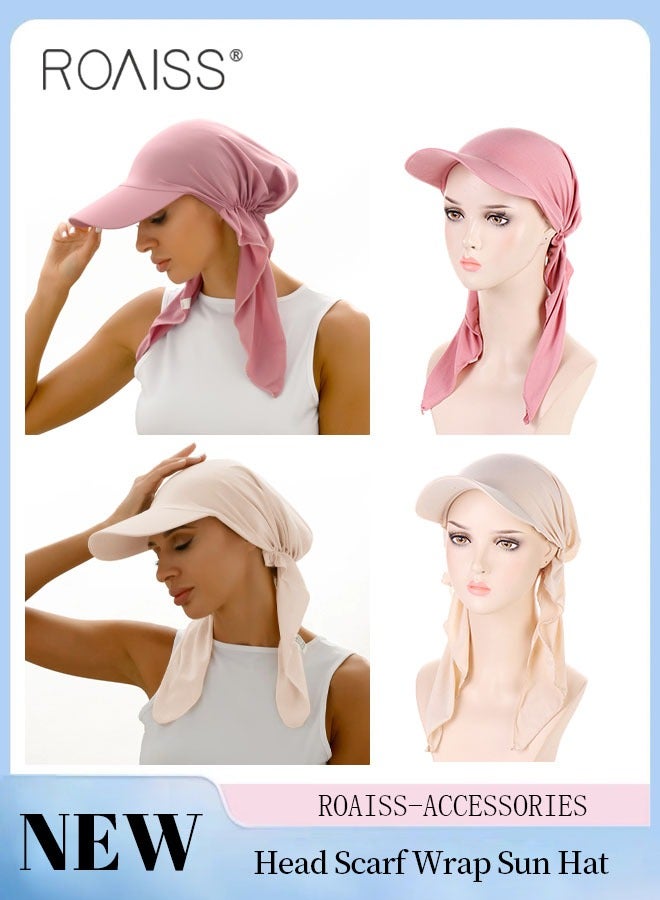 رويس قطعتان من قبعة واقية من الشمس بوشاح للرأس، قبعة بونيه نسائية مسلمة توربان قبعة بيسبول منحنية، قبعة لف الشعر لفقدان الشعر، البيج والوردي - Image 1