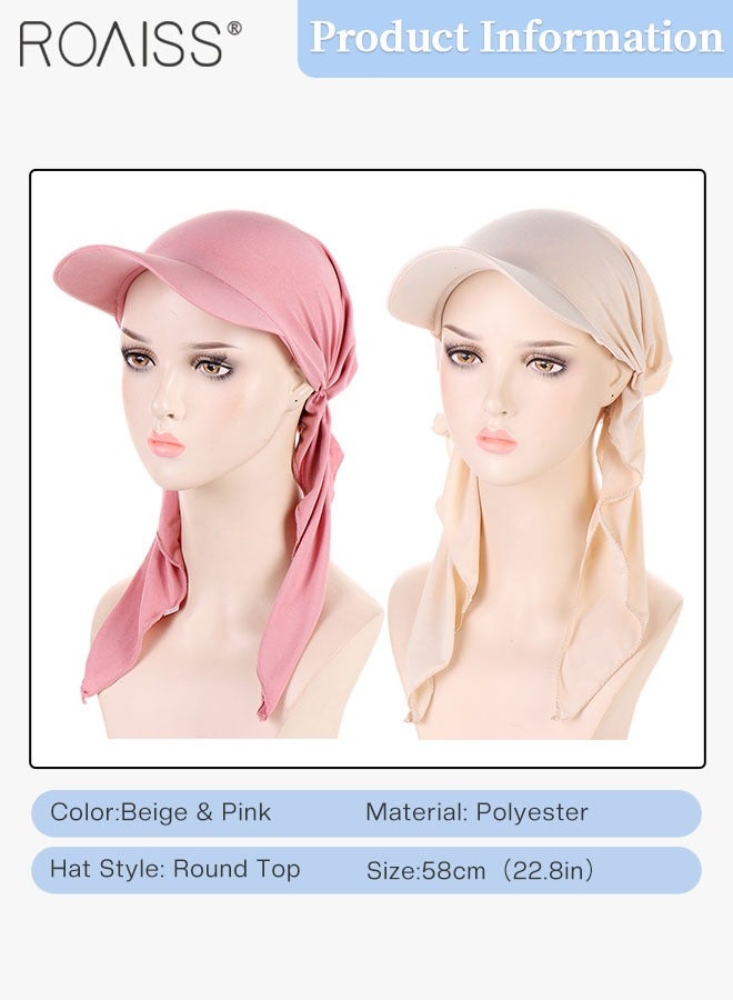 رويس قطعتان من قبعة واقية من الشمس بوشاح للرأس، قبعة بونيه نسائية مسلمة توربان قبعة بيسبول منحنية، قبعة لف الشعر لفقدان الشعر، البيج والوردي - Image 3